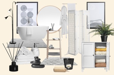 Image of Bathroom interior design. Collage with different combinable items and decorative elements on pale light yellow background