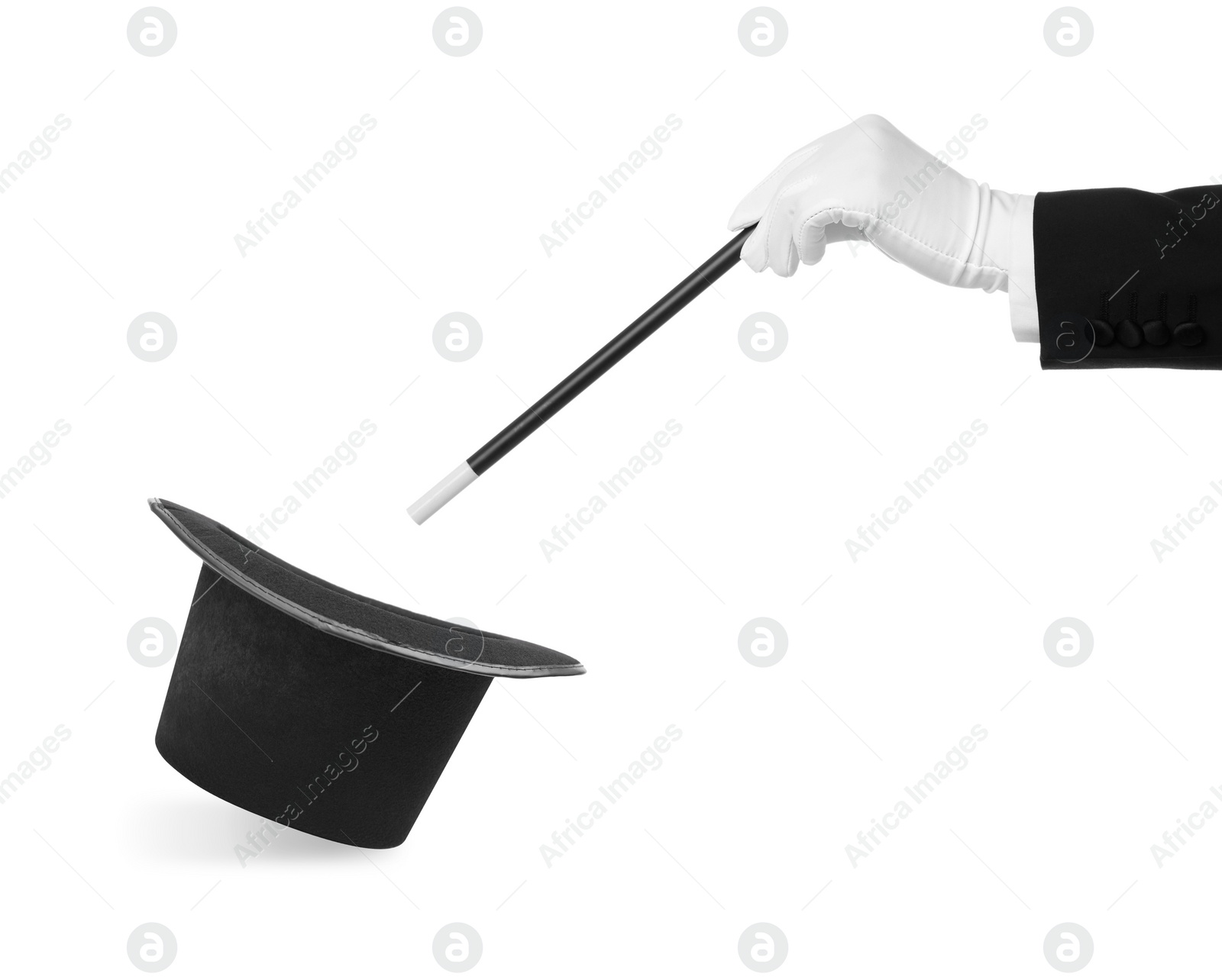 Image of Magician showing trick with wand and top hat on white background, closeup