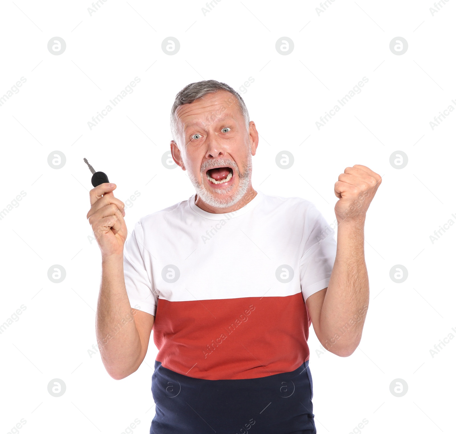 Photo of Happy mature man with car key on white background. Getting driving license