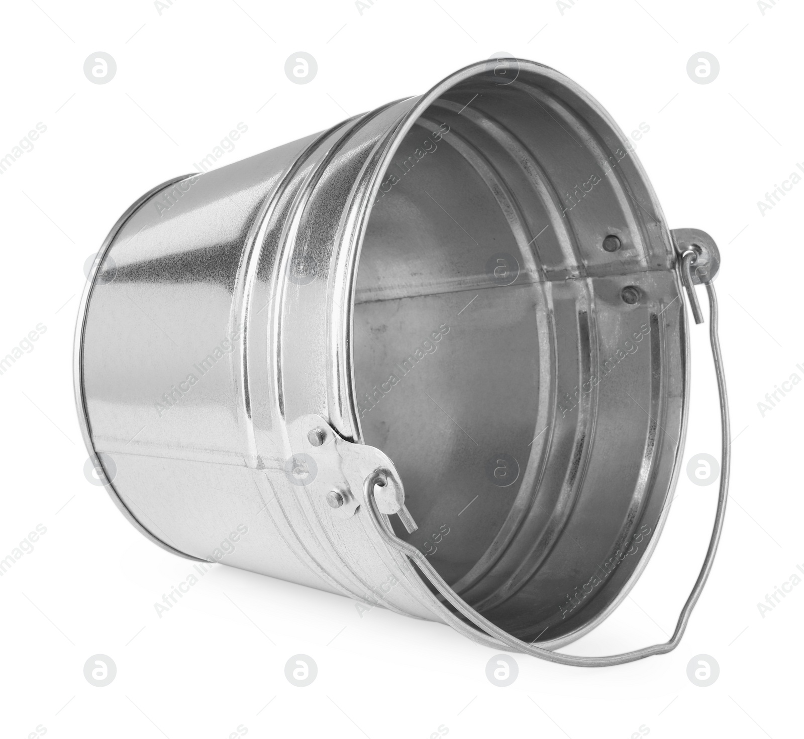 Photo of One shiny metal bucket isolated on white