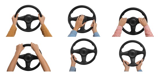 Image of Collage with photos of women with steering wheels on white background, closeup. Banner design