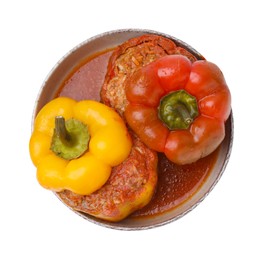 Photo of Delicious stuffed bell peppers isolated on white, top view