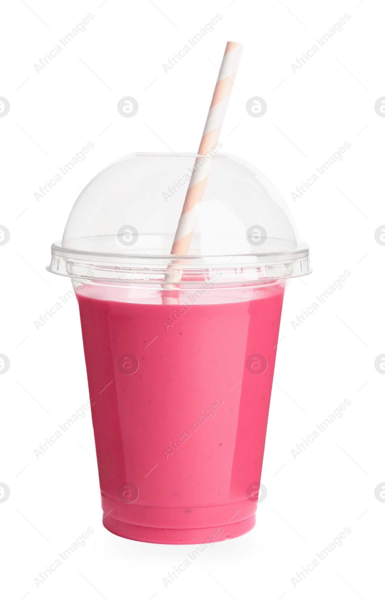 Photo of Plastic cup of tasty raspberry smoothie on white background