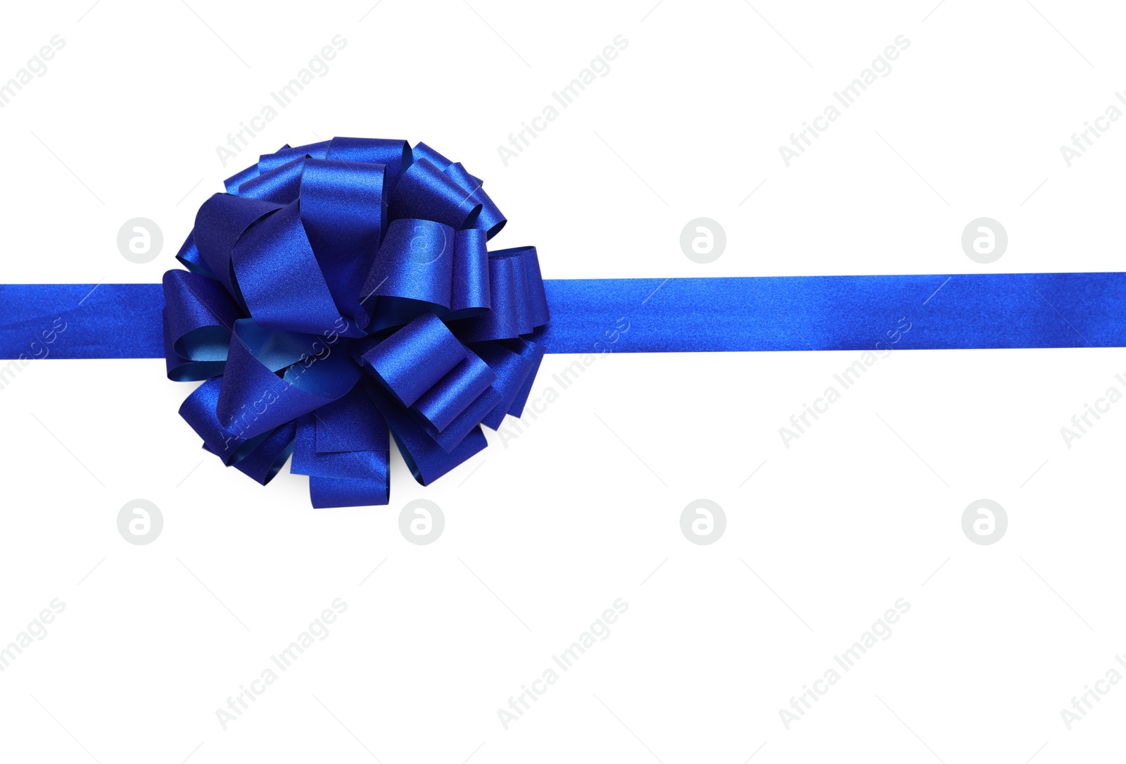 Photo of Blue ribbon with bow on white background, top view