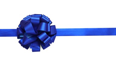 Photo of Blue ribbon with bow on white background, top view