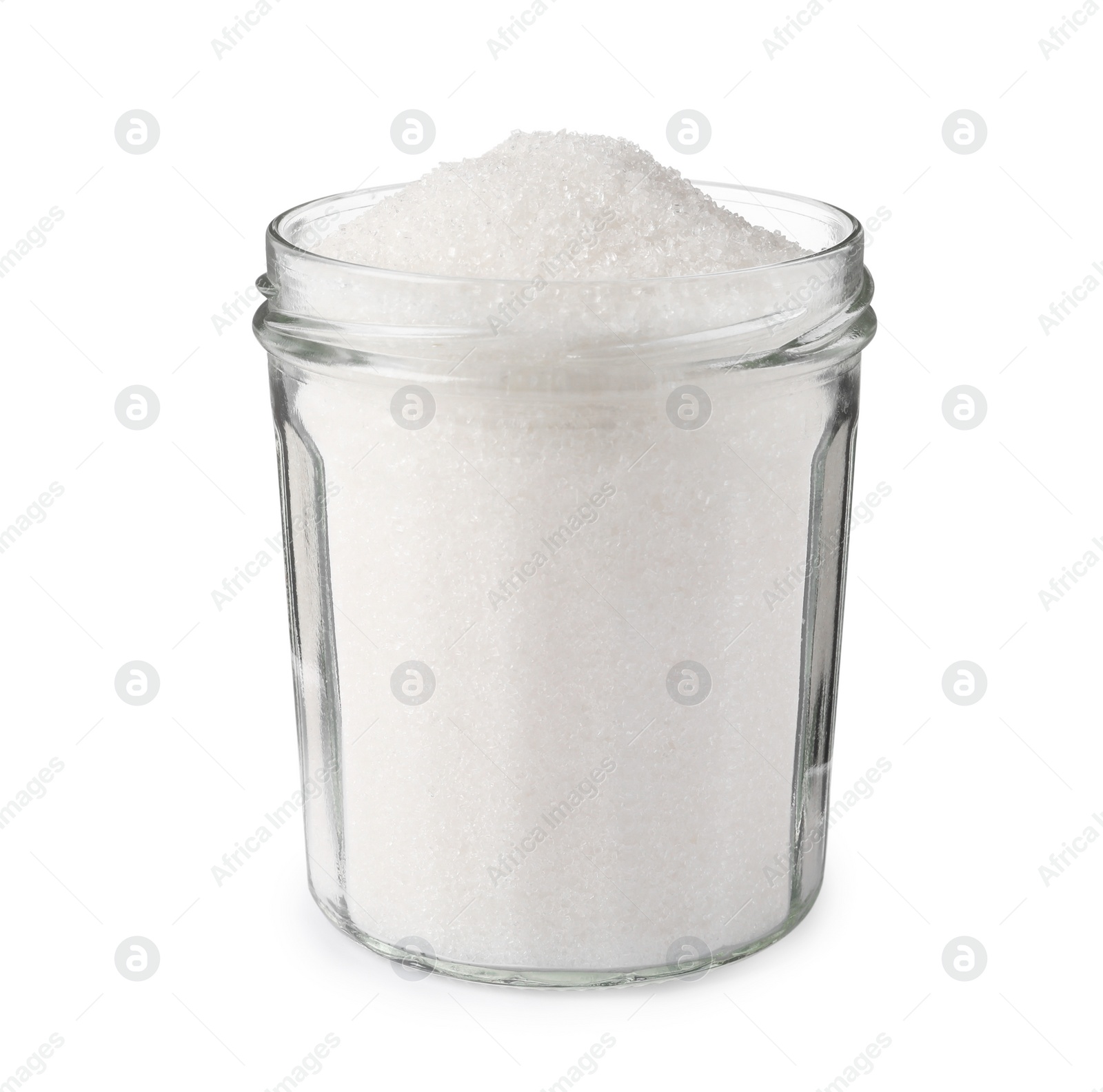 Photo of Glass jar of granulated sugar isolated on white