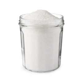 Glass jar of granulated sugar isolated on white