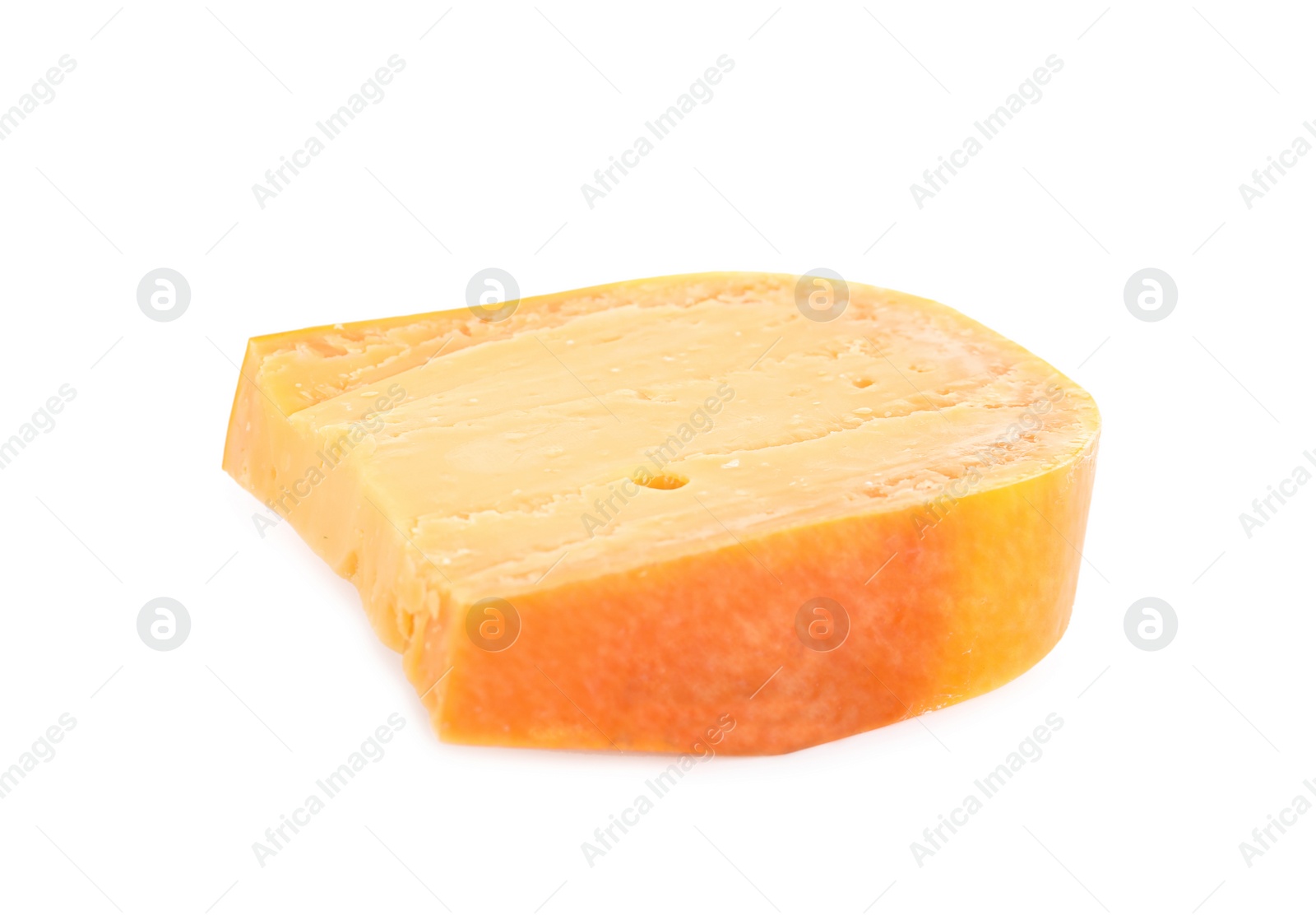 Photo of Piece of tasty mimolette cheese isolated on white