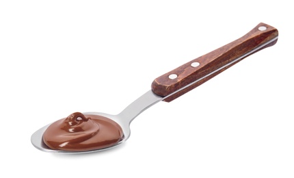 Photo of Spoon with sweet chocolate cream on white background