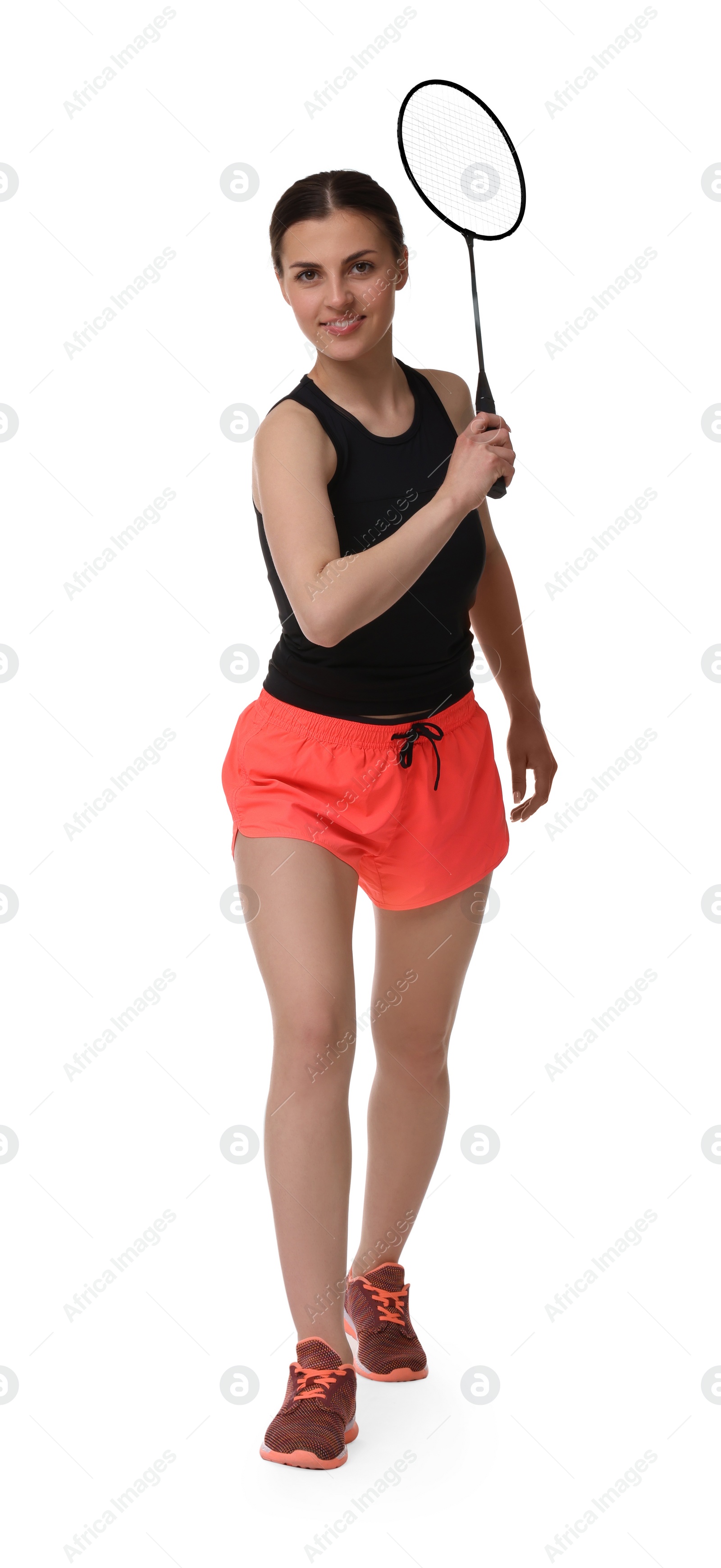 Photo of Young woman playing badminton with racket on white background