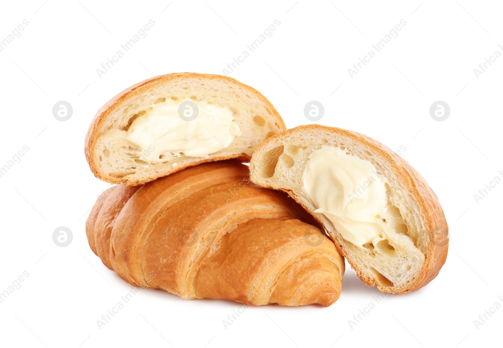 Photo of Delicious croissants with cream on white background