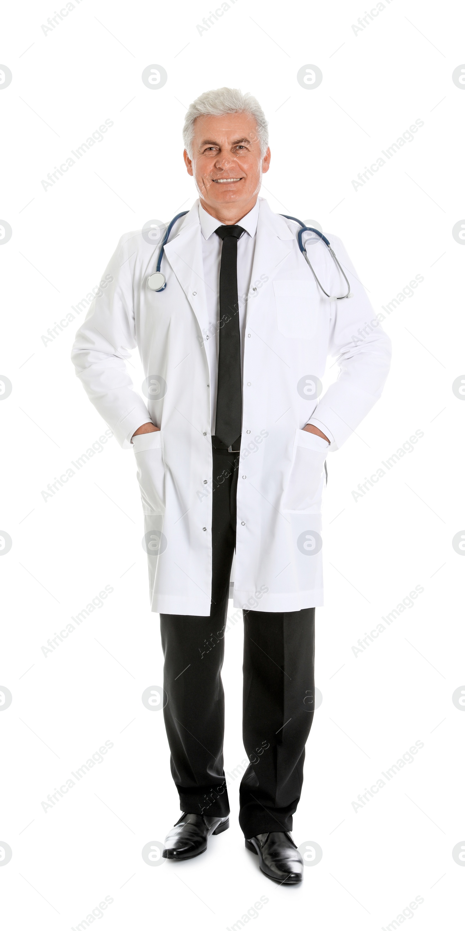 Photo of Full length portrait of male doctor with stethoscope isolated on white. Medical staff