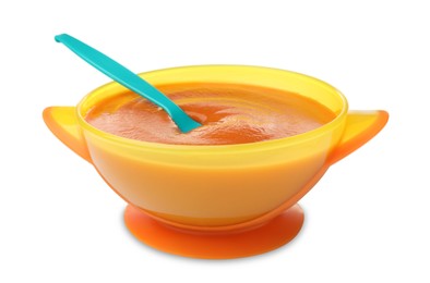 Photo of Tasty baby food and spoon in bowl isolated on white