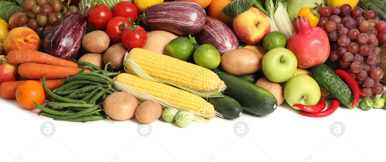 Photo of Assortment of fresh organic fruits and vegetables on white background