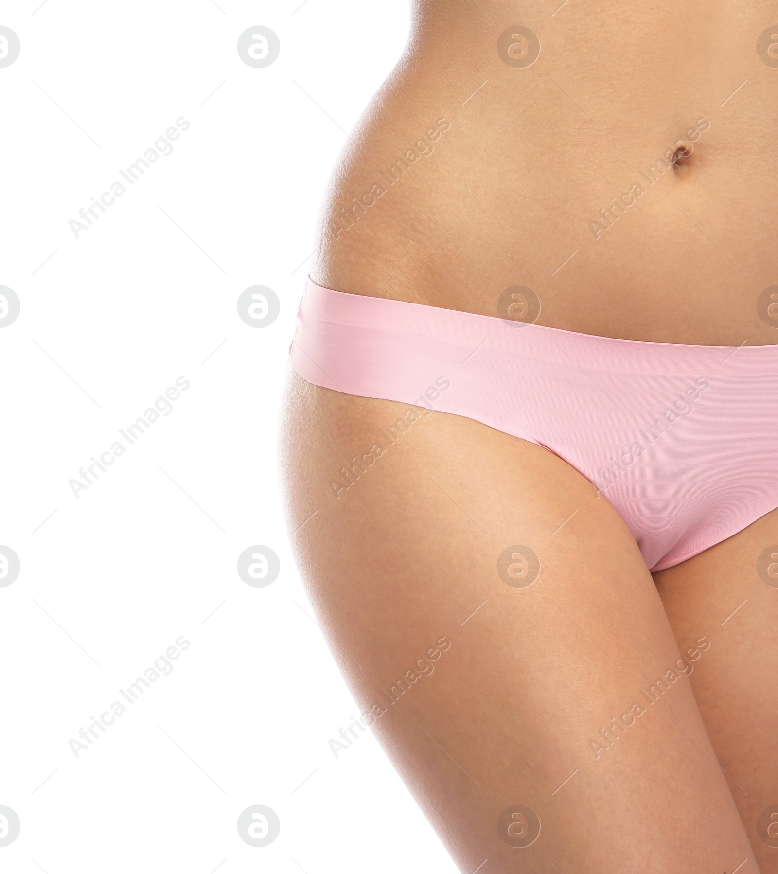 Photo of Young woman showing smooth skin after bikini epilation on white background