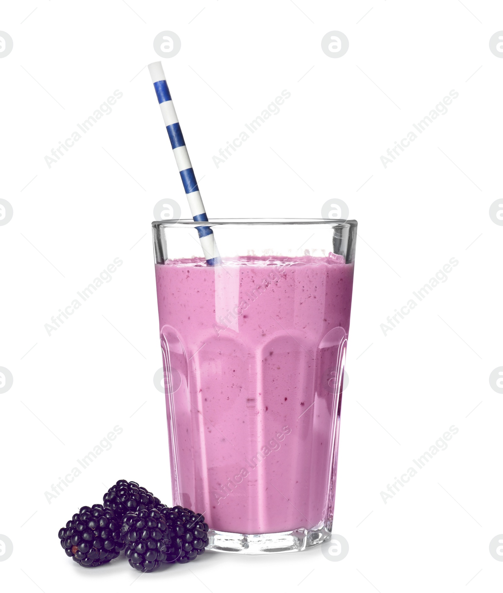 Photo of Glass with blackberry yogurt smoothie on white background