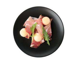 Photo of Plate with melon balls and prosciutto on white background, top view