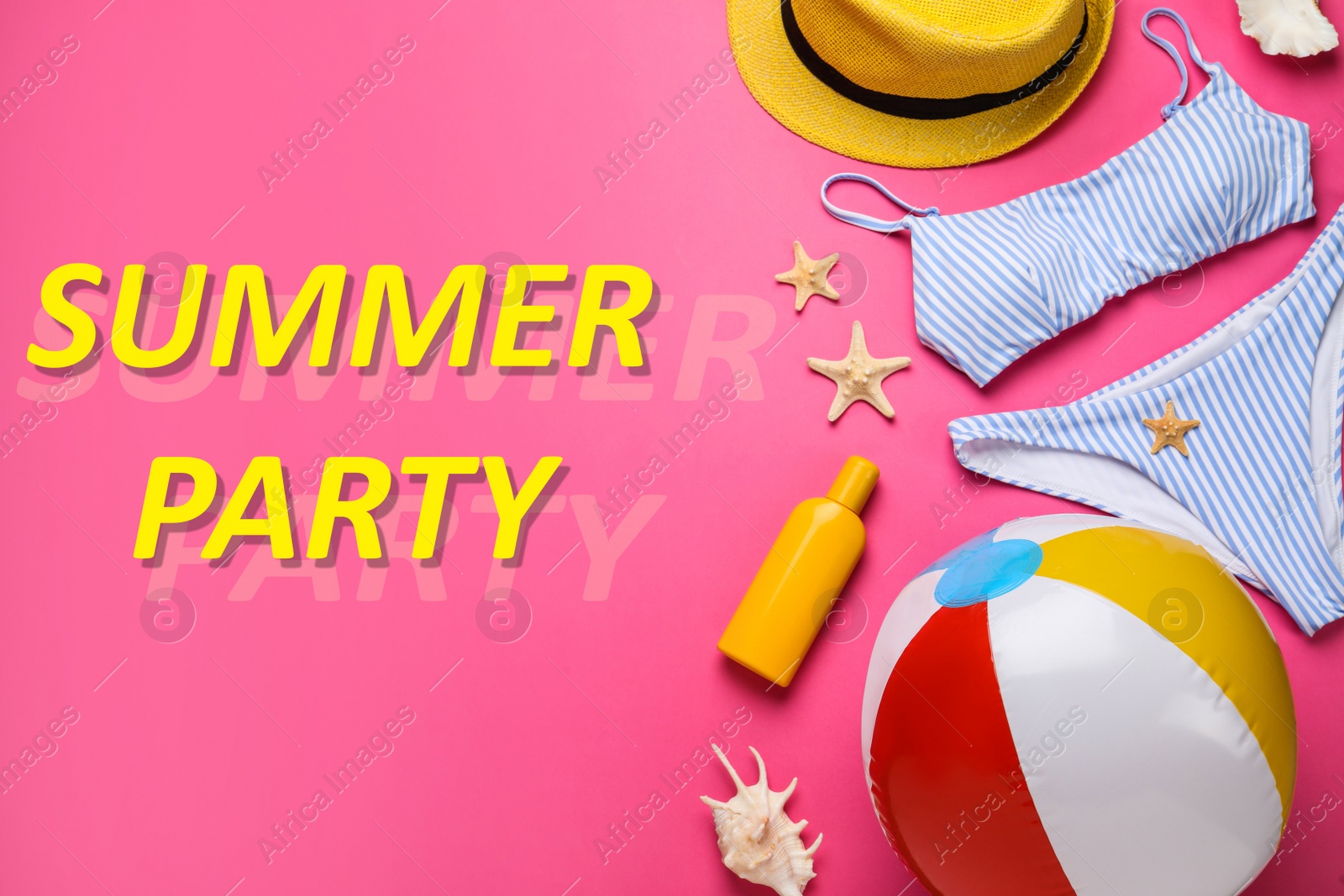 Image of Flat lay composition with ball and beach objects on pink background. Summer Party