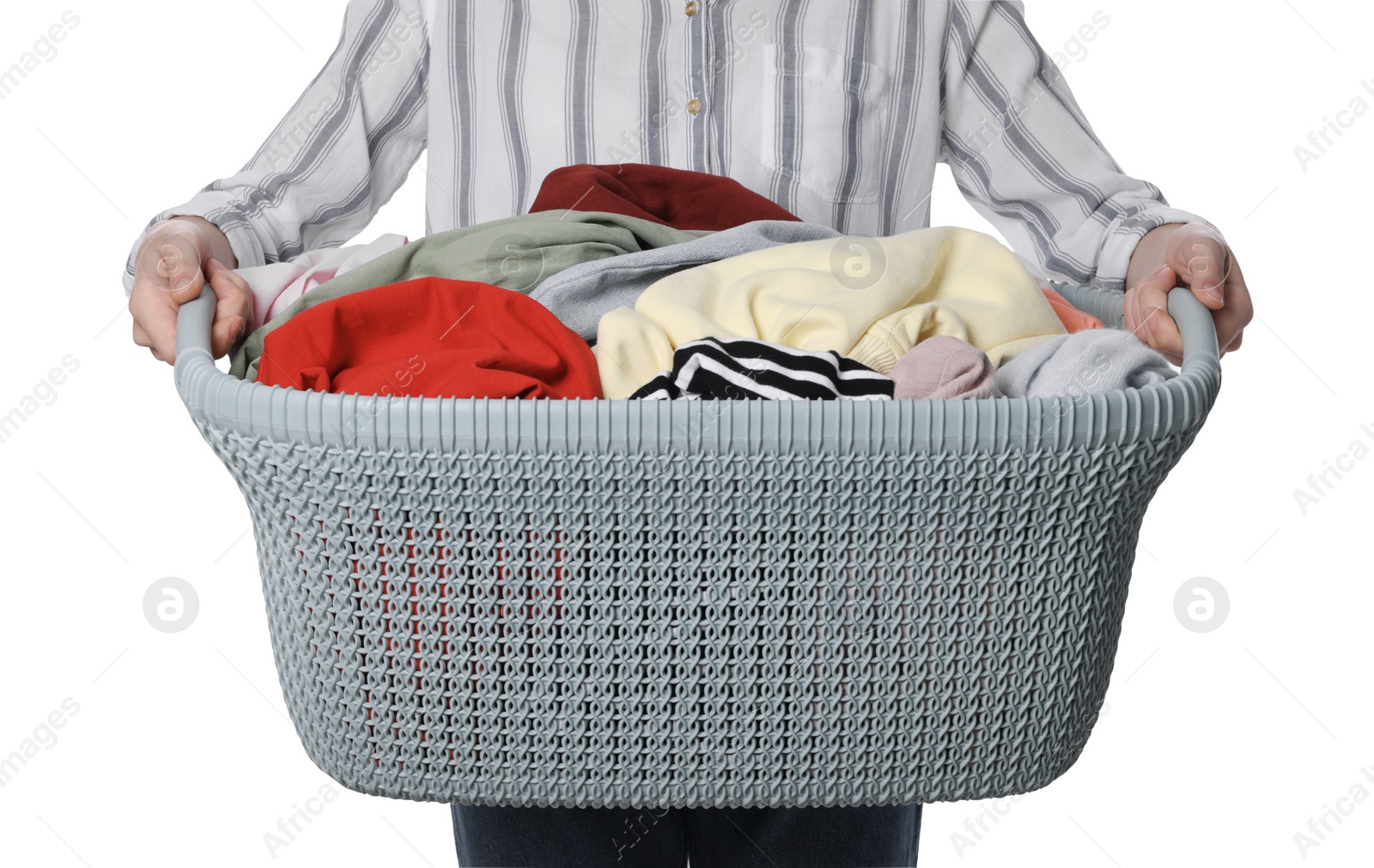 Photo of Woman with basket full of clean laundry on white background, closeup