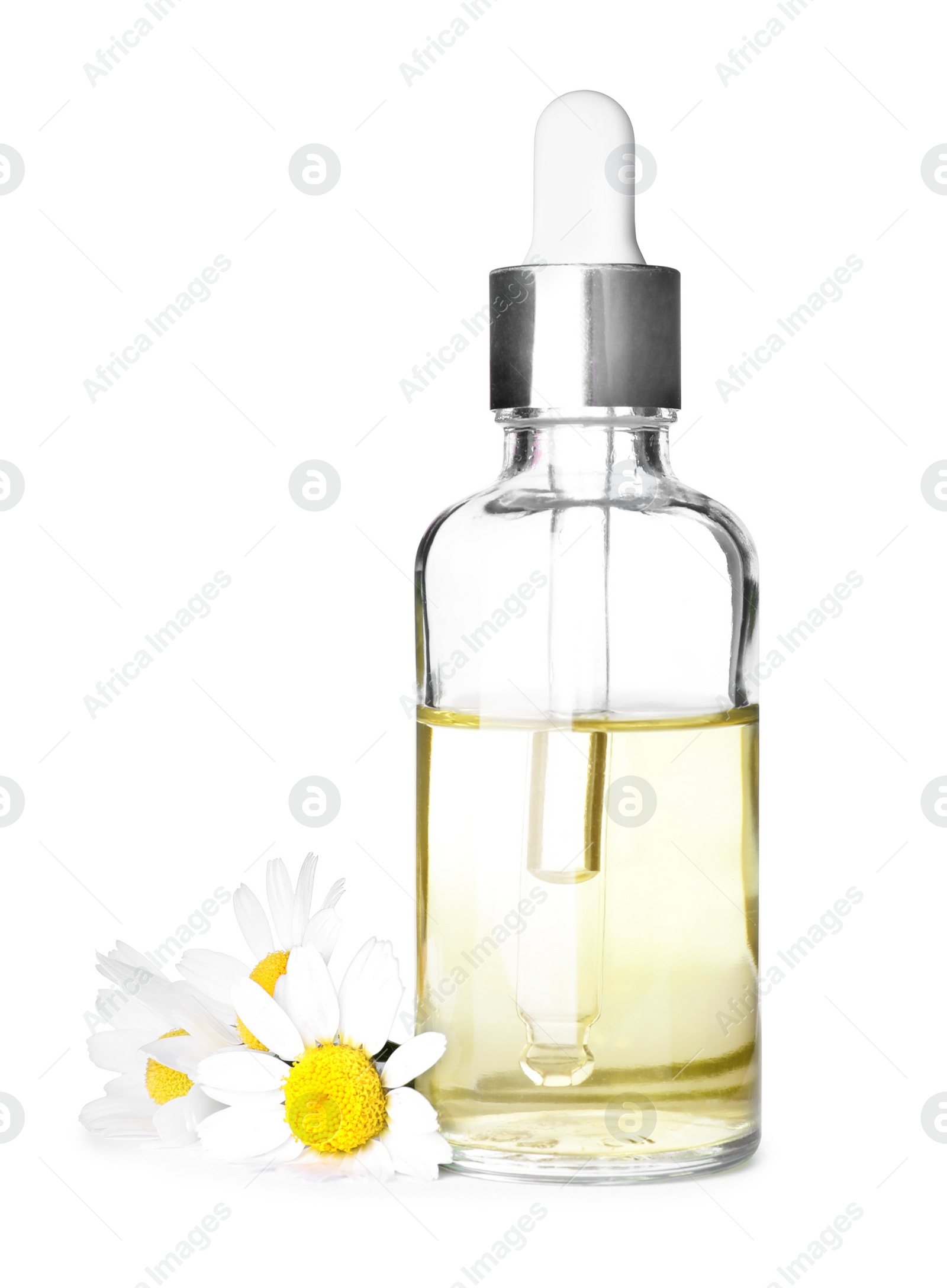 Photo of Bottle of chamomile essential oil and flowers isolated on white