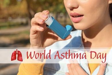 Image of World asthma day. Young woman using inhaler outdoors, closeup 