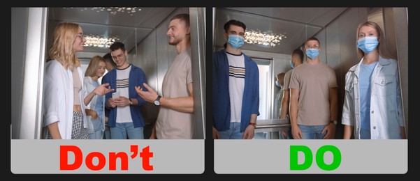 Image of Social distancing in the elevator. Collage with photos of people without and with face masks showing how don't and how do during pandemic