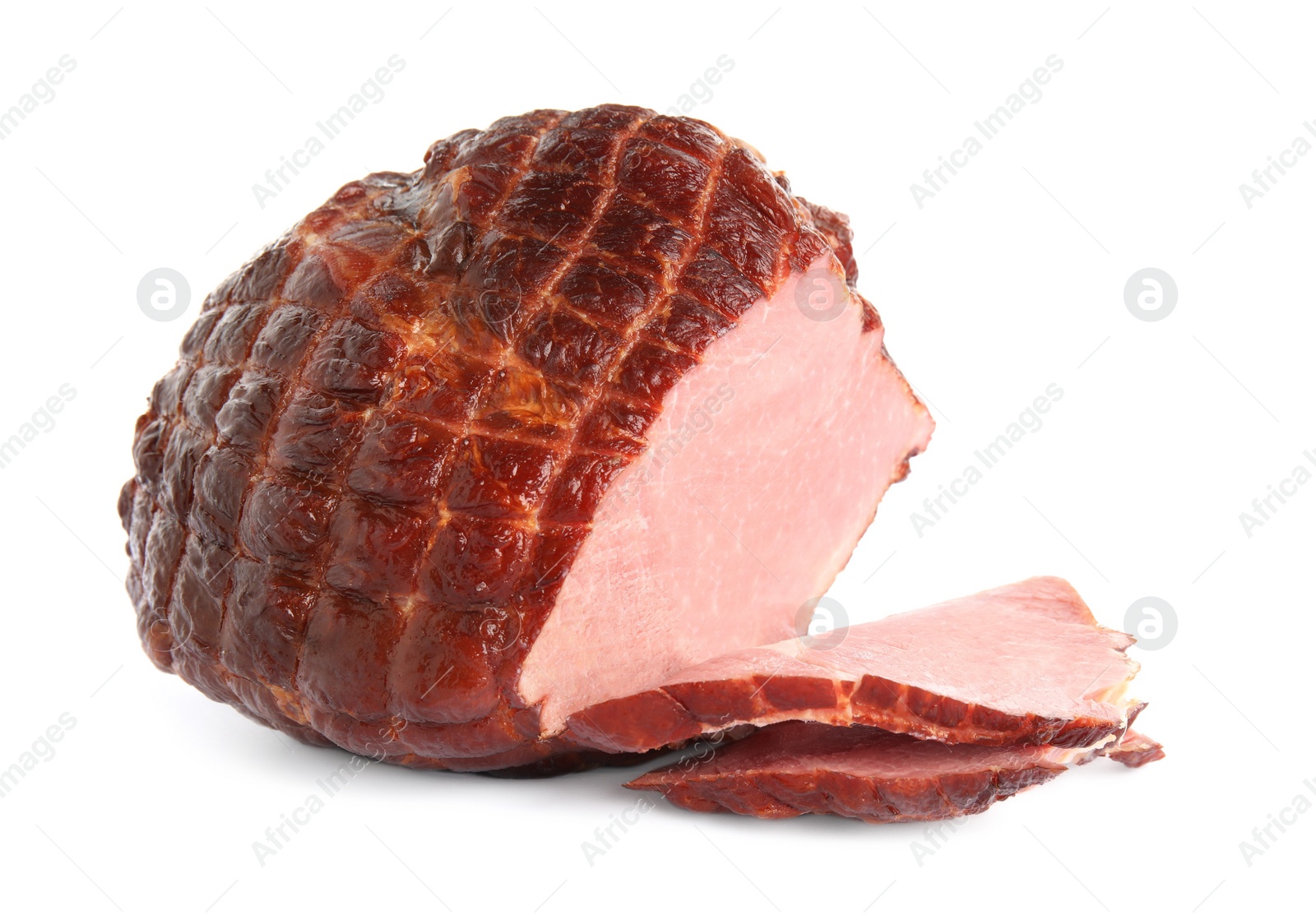 Photo of Sliced fresh delicious ham on white background