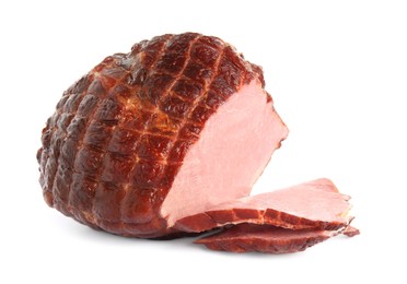 Sliced fresh delicious ham on white background