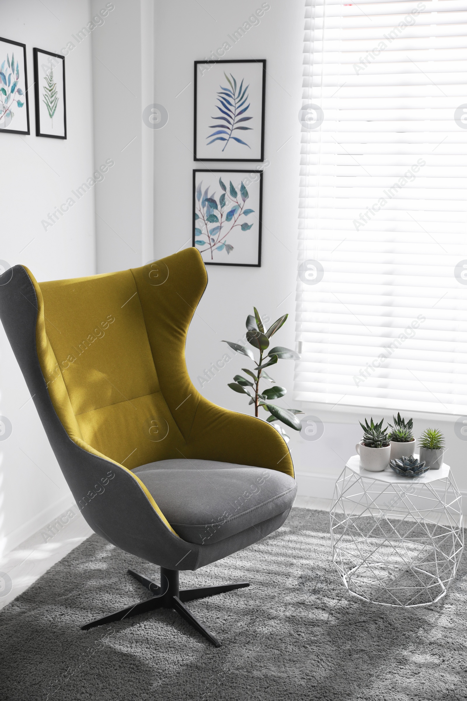 Photo of Comfortable armchair near white wall in light room