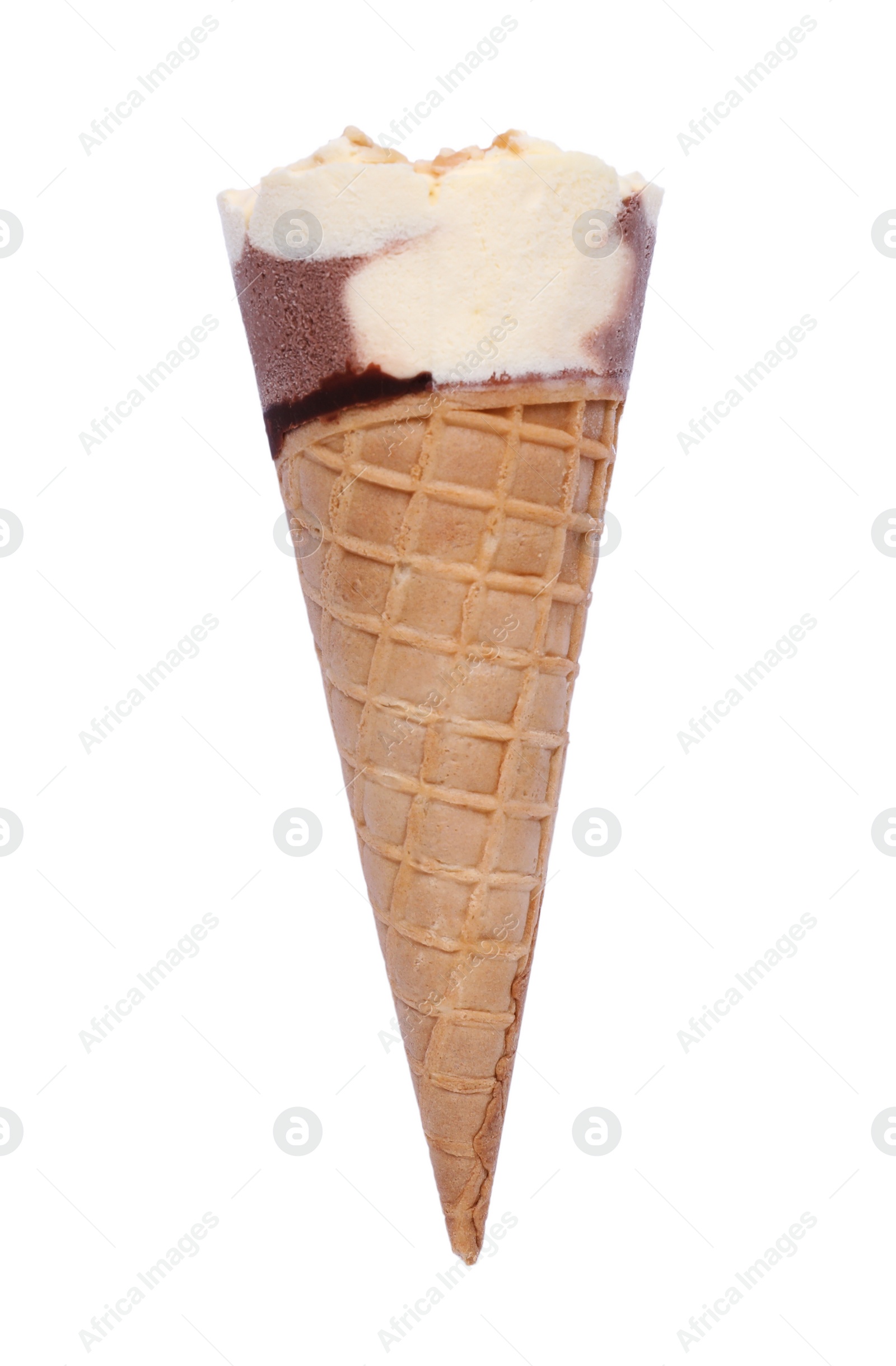 Photo of Delicious ice cream in waffle cone isolated on white, top view