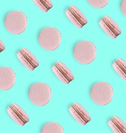 Image of Delicious macarons on turquoise background, flat lay 