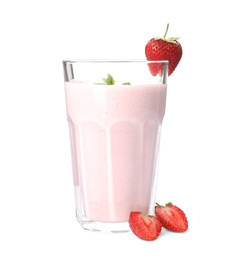 Photo of Tasty strawberry milk shake and fresh berries isolated on white