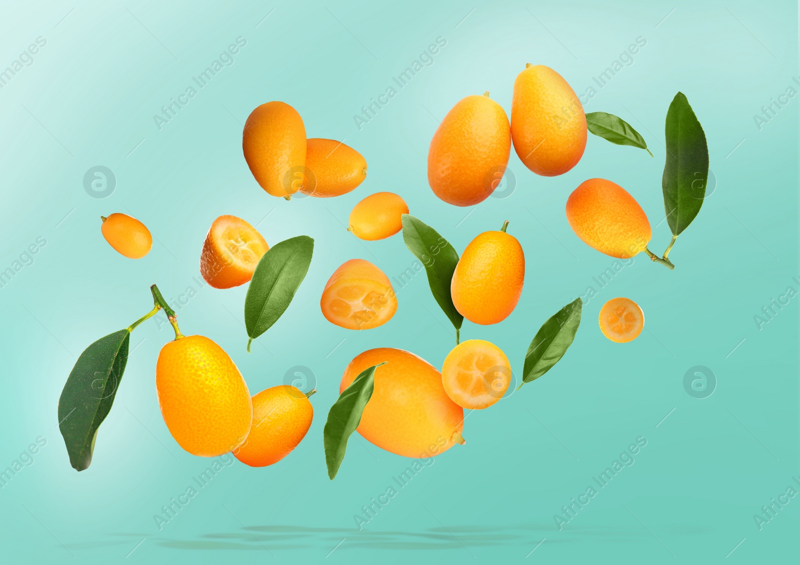 Image of Delicious fresh kumquats and green leaves falling on color background