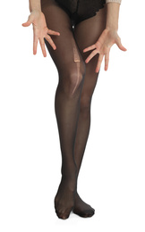 Photo of Woman wearing torn tights on white background, closeup