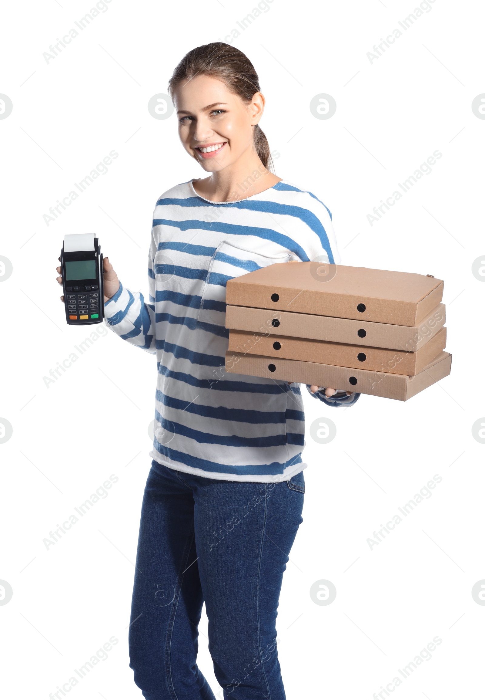 Photo of Smiling courier with pizza boxes and payment terminal isolated on white