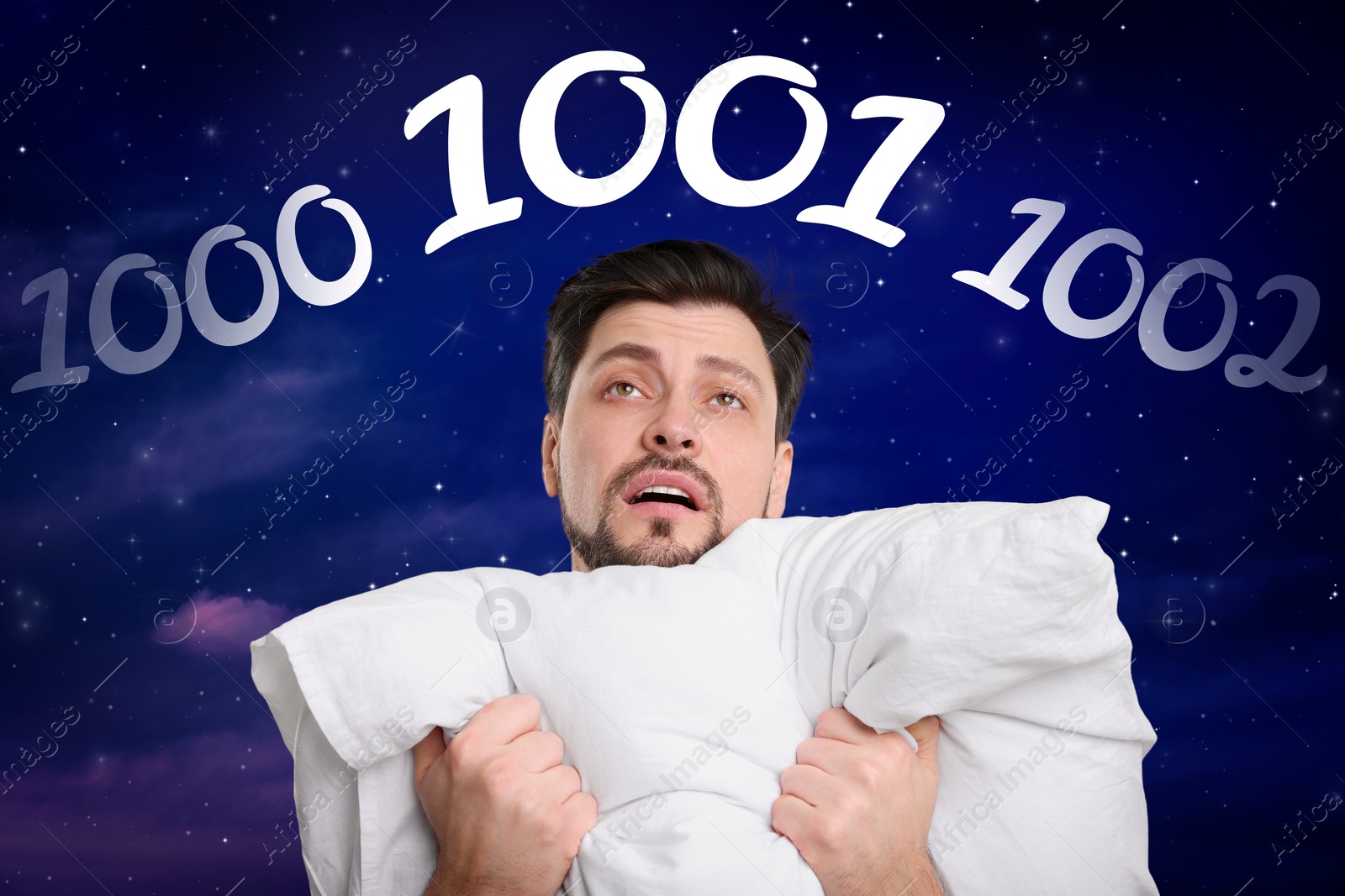 Image of Insomnia. Exhausted man counting to fall asleep. Numbers flying above him against night sky