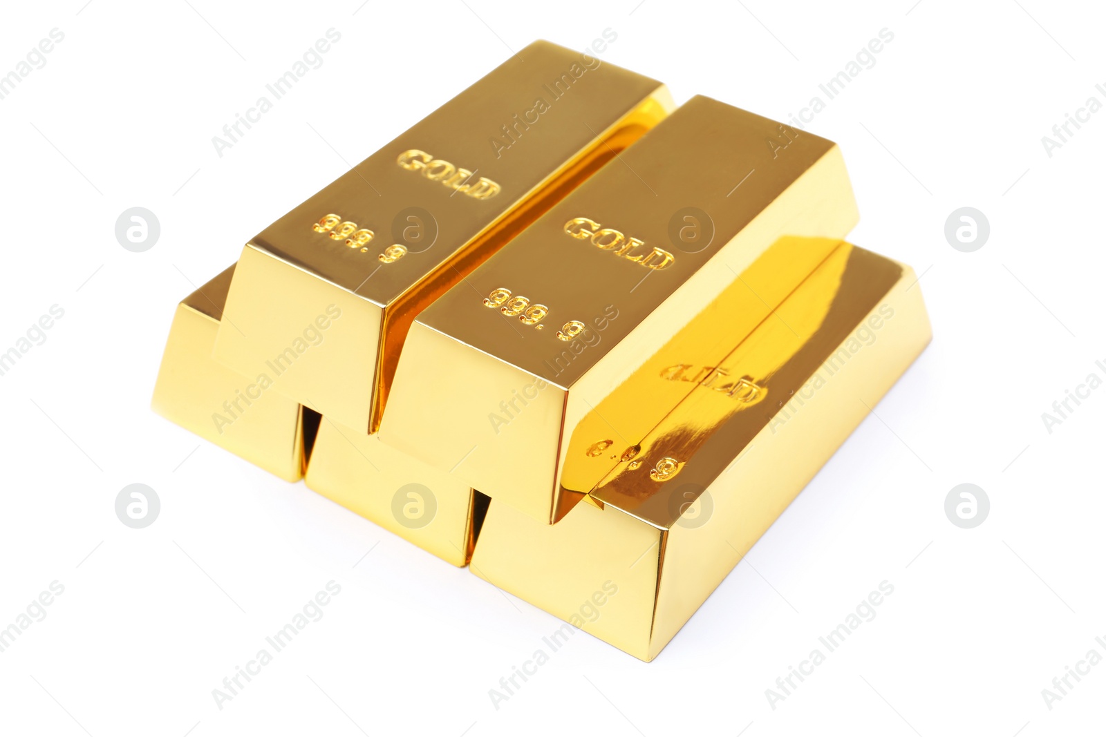 Photo of Precious shiny gold bars on white background