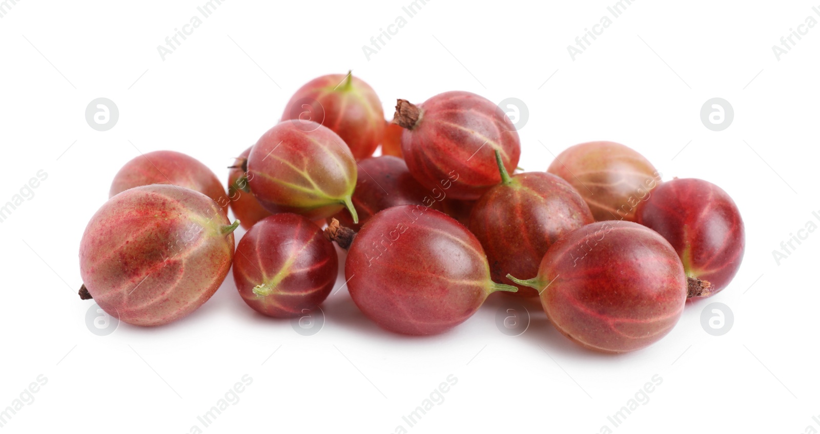 Photo of Pile of fresh ripe gooseberries on white background