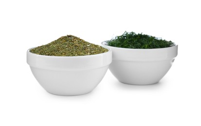 Photo of Bowls with aromatic dry and fresh dill on white background