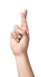 Photo of Man crossing his fingers on white background, closeup