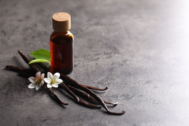 Photo of Vanilla pods, flowers, leaf and bottle with essential oil on grey textured table, closeup. Space for text