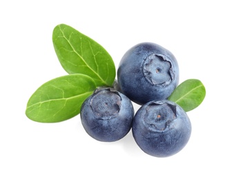 Fresh raw tasty blueberries with leaves isolated on white