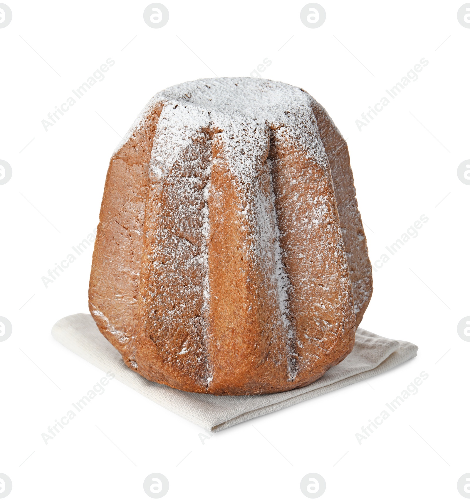 Photo of Delicious Pandoro cake decorated with powdered sugar isolated on white. Traditional Italian pastry