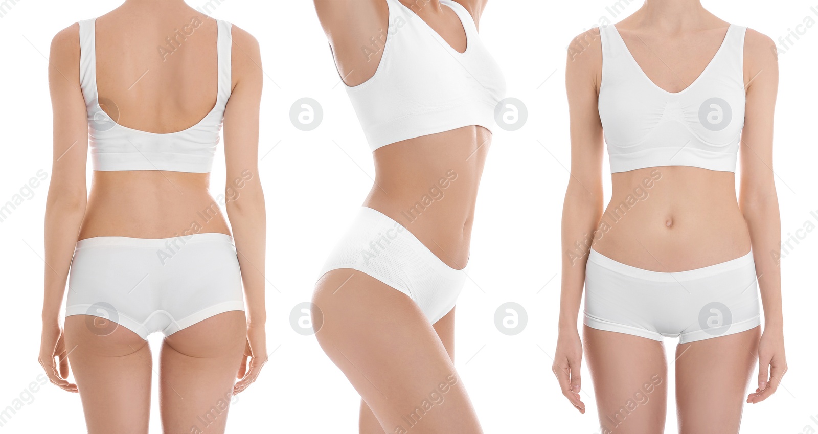 Image of Collage with photos of young woman in underwear on white background, closeup. Beauty and body care