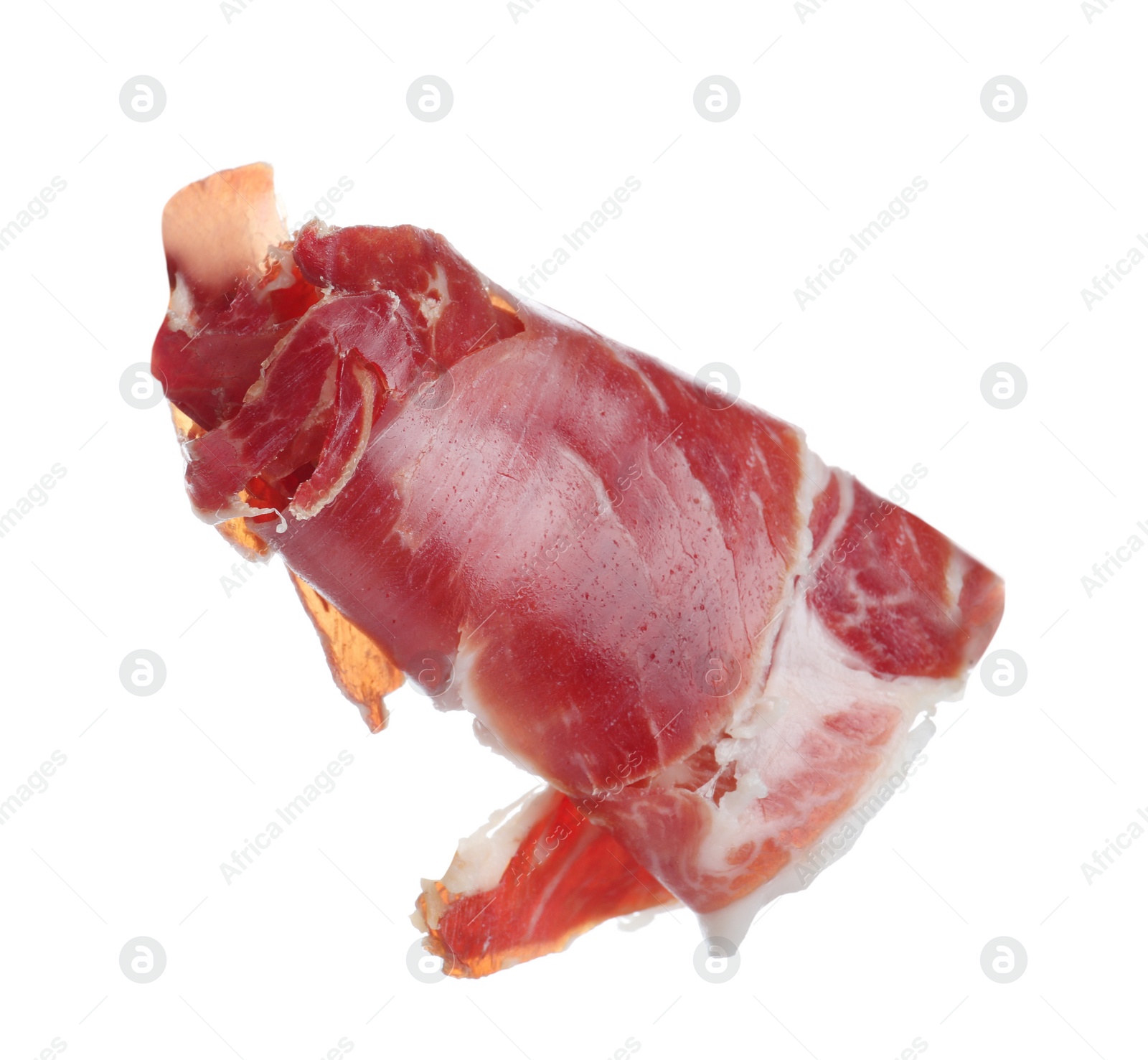 Photo of Roll of tasty prosciutto isolated on white