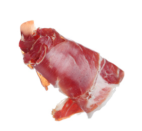 Photo of Roll of tasty prosciutto isolated on white