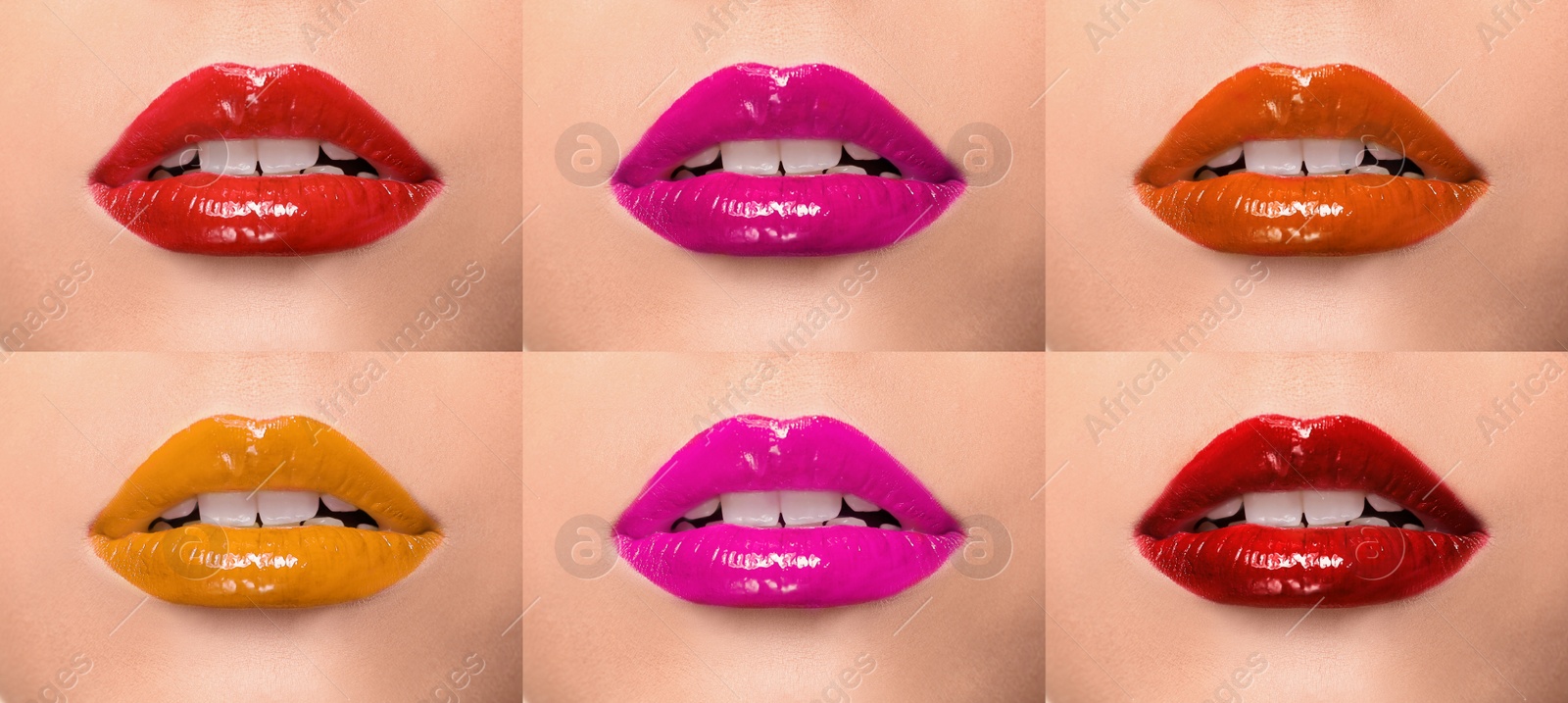 Image of Woman with different color lipsticks, collage. Banner design