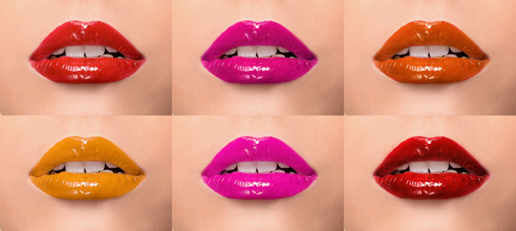 Woman with different color lipsticks, collage. Banner design