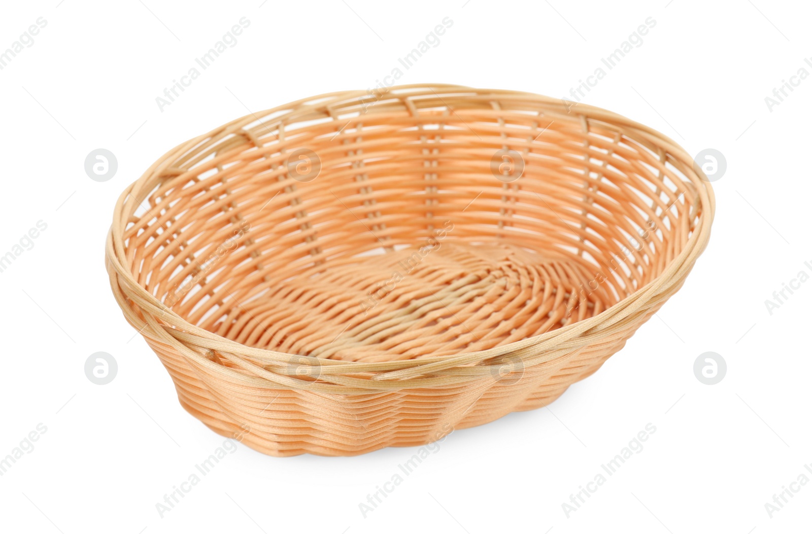 Photo of One empty wicker bread basket isolated on white