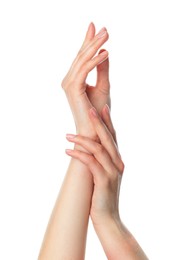 Young woman with dry skin on white background, closeup of hands